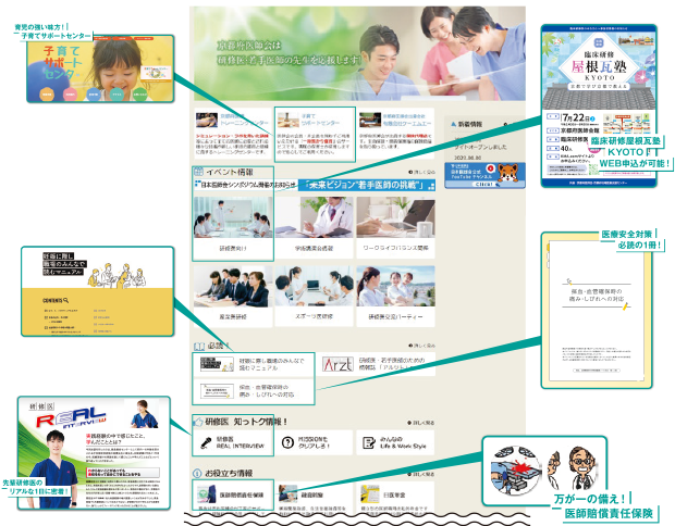 KMA.comのウェブサイトには、子育てサポートセンターや先輩研修医のリアルな一日に密着したレポートが読める「リアルインタビュー」、臨床研修「屋根瓦塾」の申込。医療安全対策必読のレポートなど、情報が満載です。